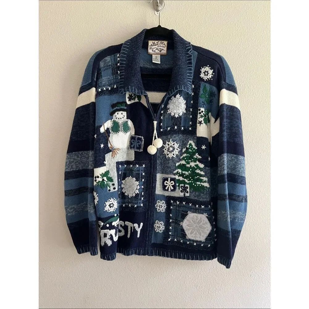 Vintage Y2K 90s Frosty Snowman Christmas Cardigan Patchwork Knit Holiday Sweater